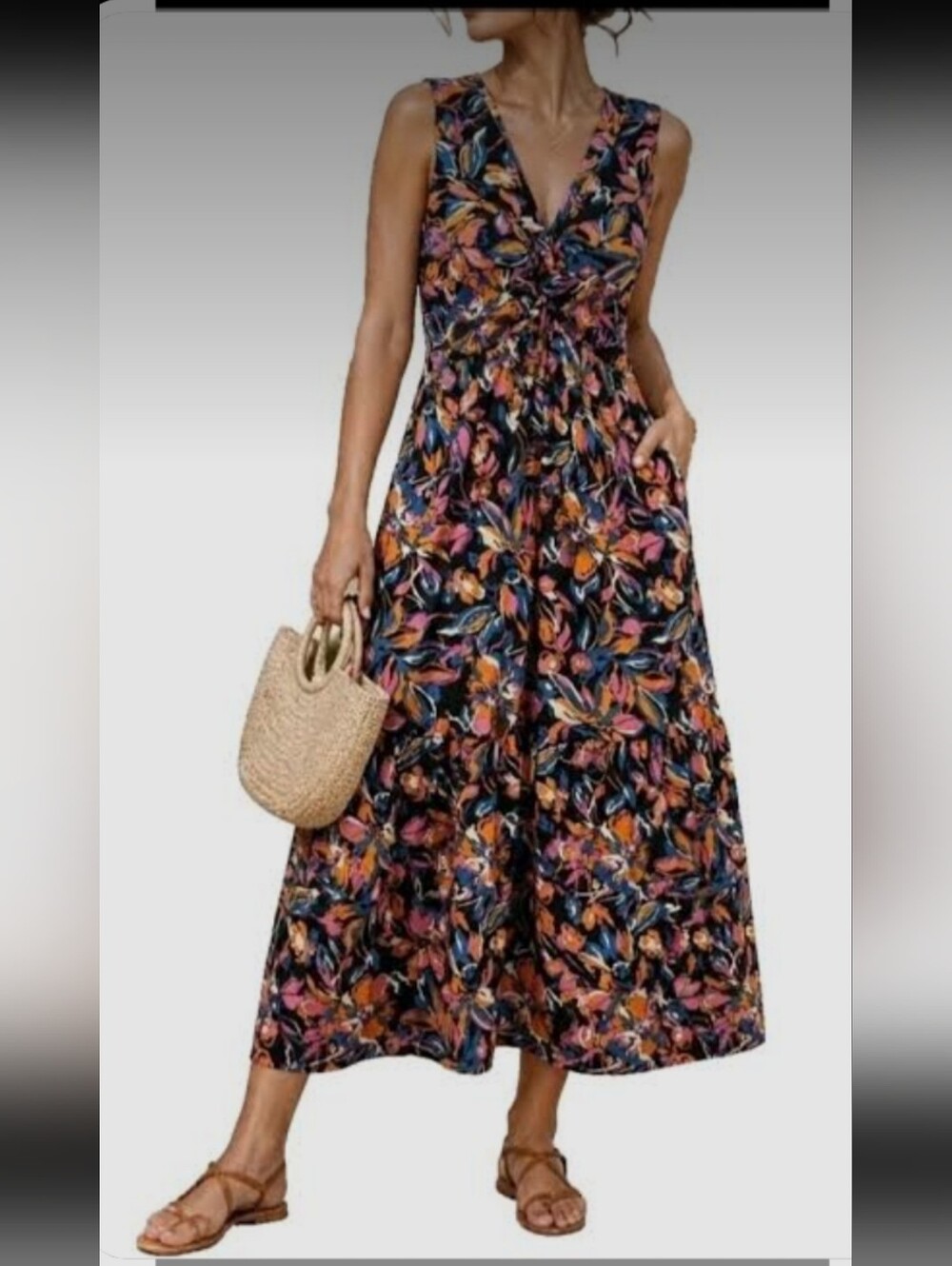French Connection Black Floral V-Neck Maxi Dress with Orange and Pink Accents